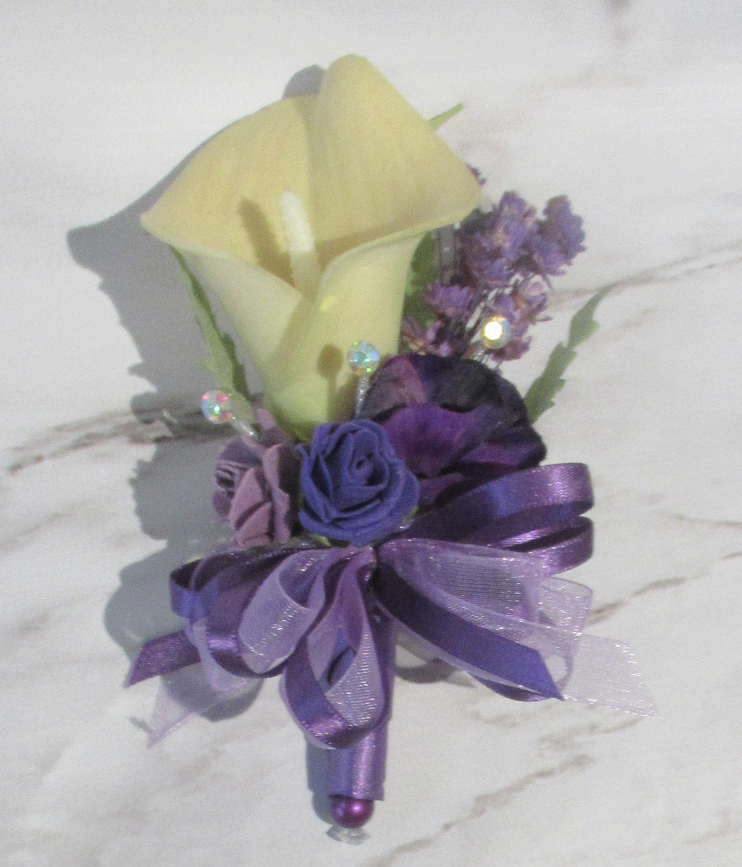 plum and cream weddng corsage, pin on corsage purple